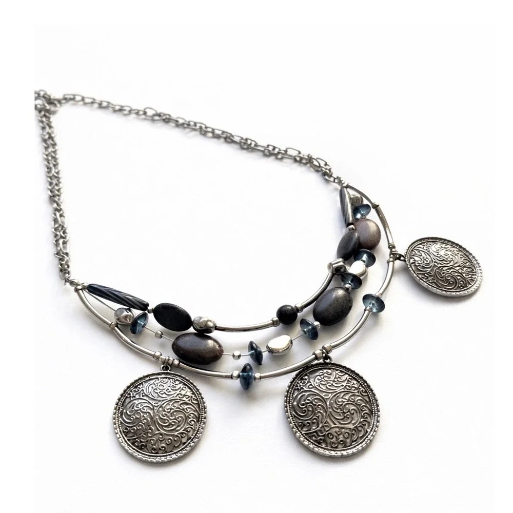 Chico's Silver Tone Layered Beaded Statement Necklace Brown Blue‎ Southwestern